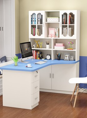 蓝色转角书桌书架一体电脑台式家用简约经济儿童书桌带书柜学习桌