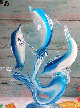 水晶博山琉璃摆件海豚客厅创意桌面玻璃工艺品酒柜电视柜家居饰品