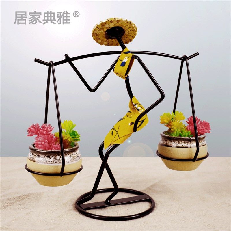 创意桌面小花器田园人物花架傣族挑担少女家居装饰摆件收藏装饰