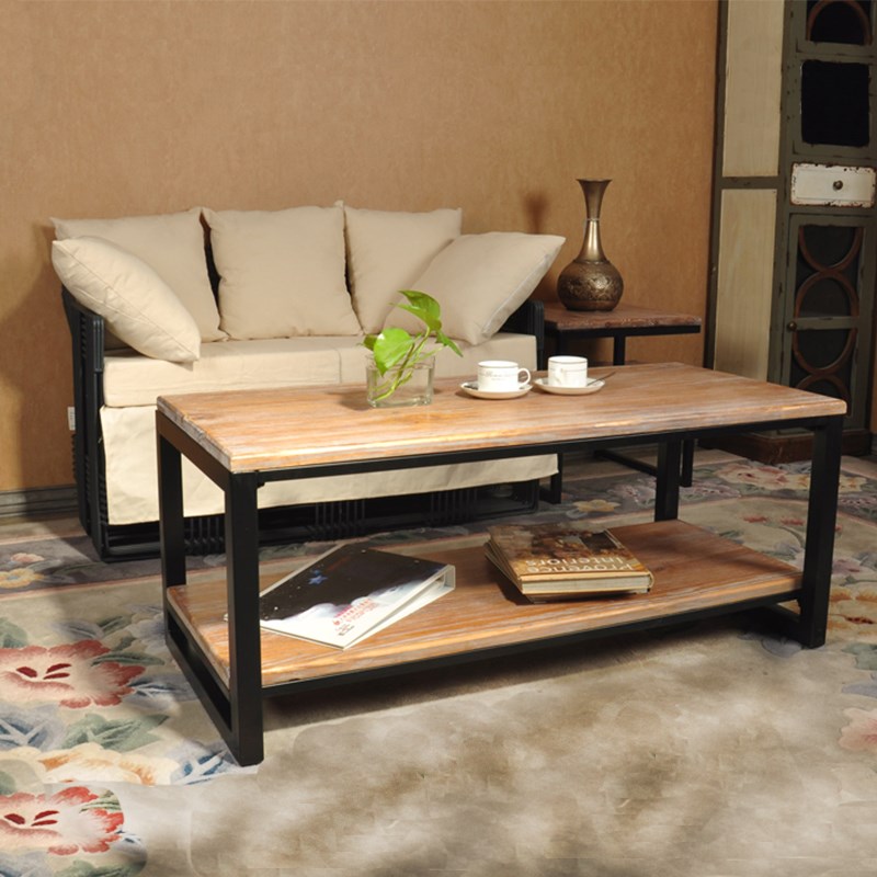 复古小户型简约实木欧式工业风客厅长方形茶几办公室铁艺双层桌子