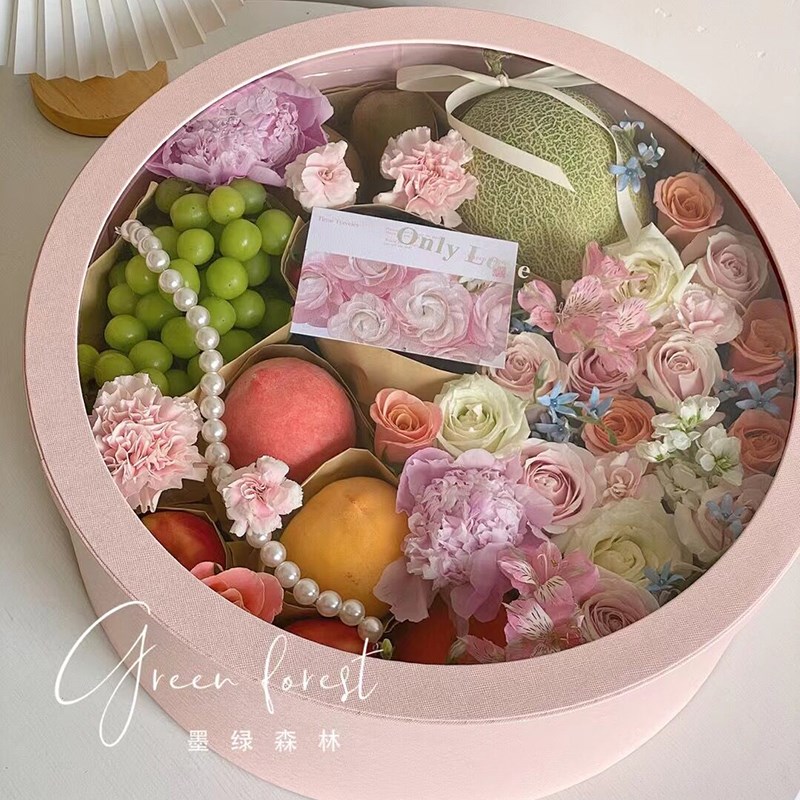 贝影 透明爱心开窗花盒圆形花艺礼盒鲜花花束包装盒diy套盒套2