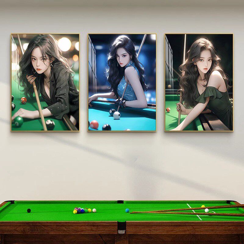 台球室海报壁画桌球墙面装饰台球厅美女挂画卡通现代宣传布置贴画