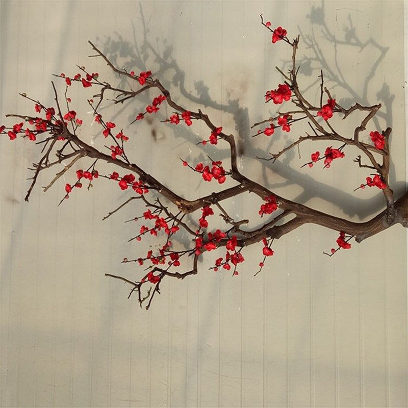 仿真红梅花树装饰桃花客厅花艺墙面壁挂落地干树枝吊顶花插花瓶树
