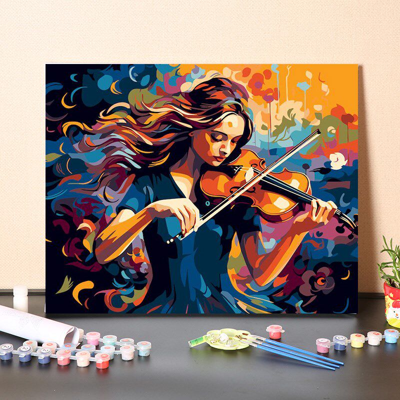 数字油画diy手工填充拉小提琴的女孩消磨时间手绘涂色丙烯油彩画
