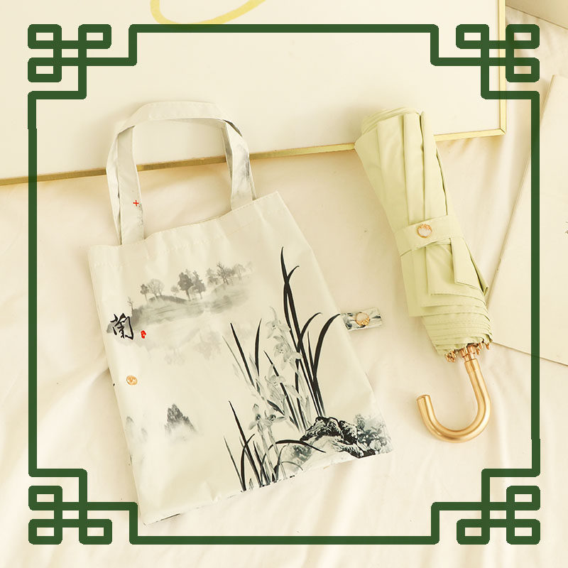 柏纯希中式拎袋三折八骨加大弯钩伞水墨兰彩胶晴雨两用遮阳太阳伞,居家日用,伞,淘宝优惠券,粉丝福利购,淘宝优惠卷