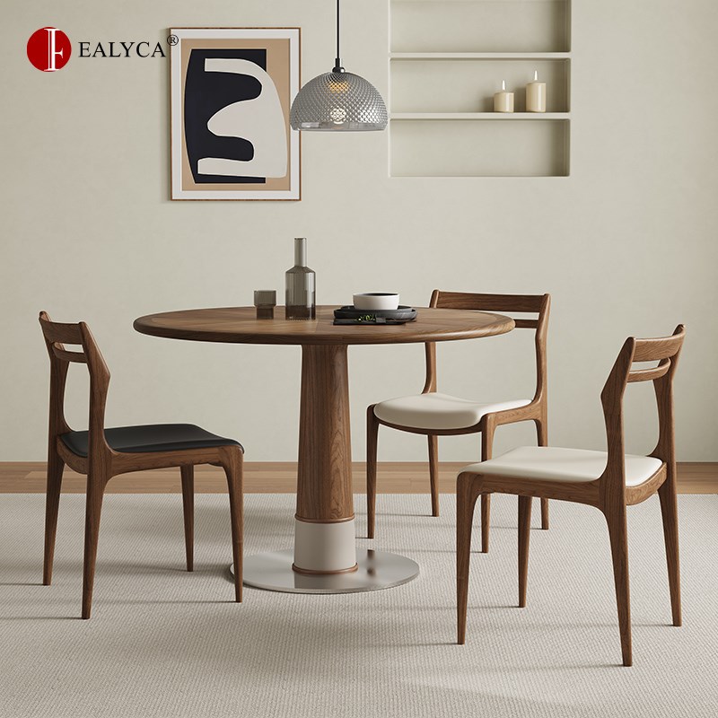 竹蜻蜓北美黑胡桃木圆餐桌中古风圆桌实木咖啡桌阳台洽谈桌小户型