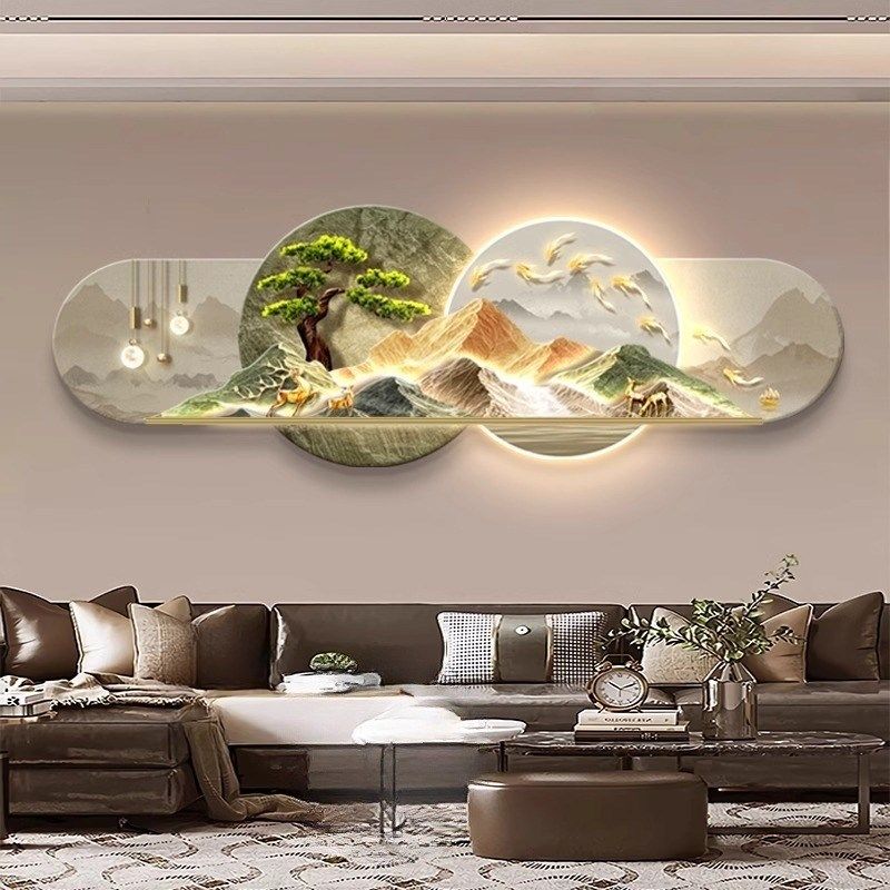 迎客松客厅装饰画背有靠山九鱼图山水画沙发背景墙挂画高级感壁画