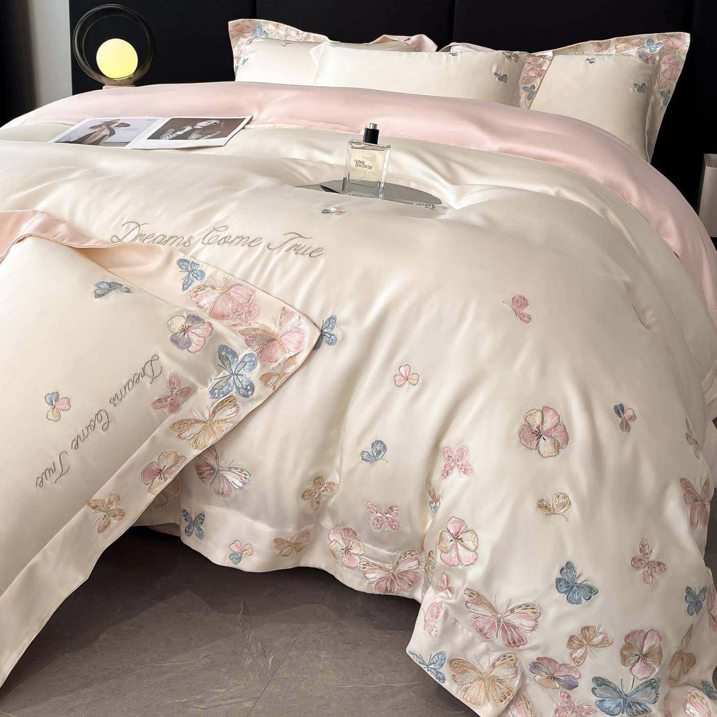 高档水洗天丝刺绣四件套夏季冰丝凉感轻奢被套床单裸睡床上套件