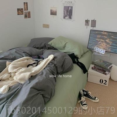 高档vintge复ins风~水洗棉撞色文艺混搭床品四件套宿a舍古三件套