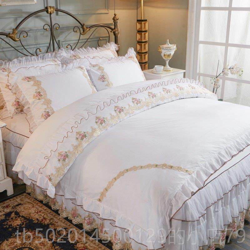 高档四丝件套欧式纯棉裙公主风格粉色蕾被套床1..5m/18高档床上用