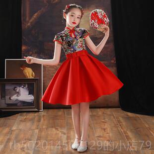 高档儿童改良红旗袍裙女夏季式小女孩唐中孩装t台表演服装全国潮