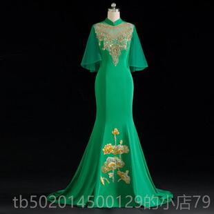 高档式典雅白尾礼晚台服长t表演服装鱼尾修身中袖年度派对中礼服