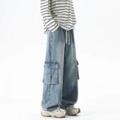 水洗工装 牛仔裤 男夏季 领巢体育美式 潮牌宽松大尺码 阔腿直筒休闲