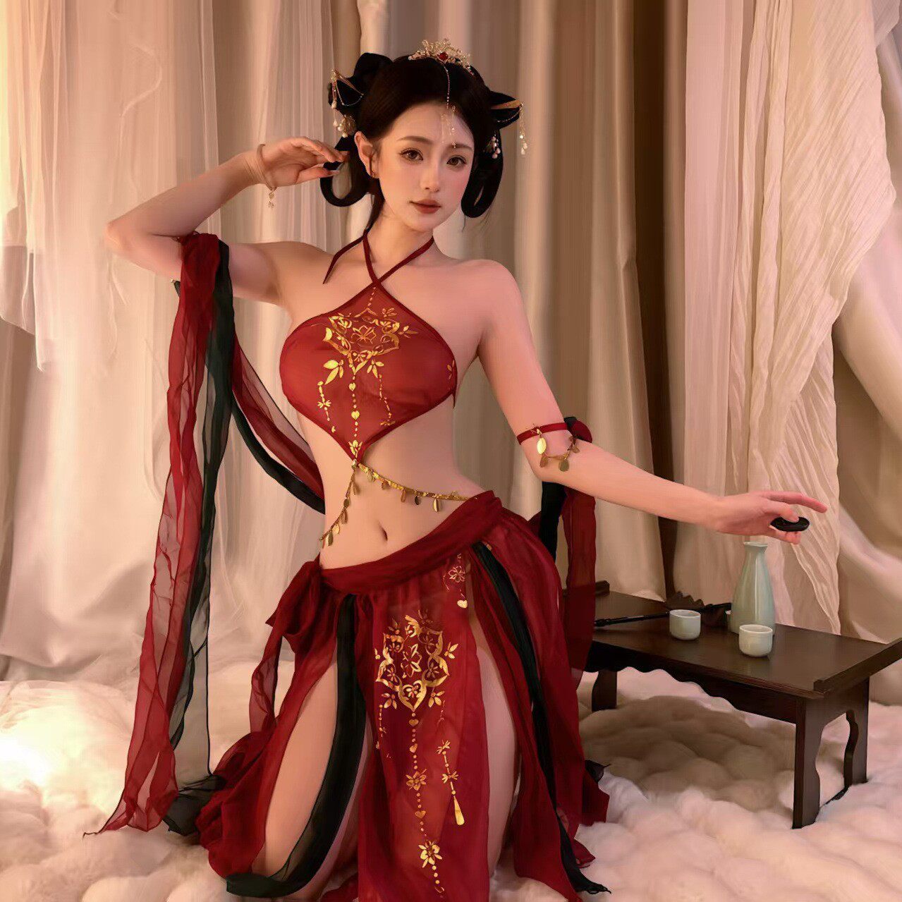 大码性感汉服睡衣红色古风套装