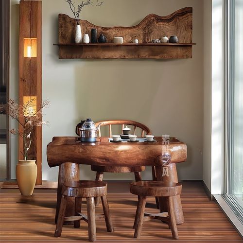 2024年新款中古风茶桌椅组合阳台小型侘寂风厚重茶台胡桃木色家用