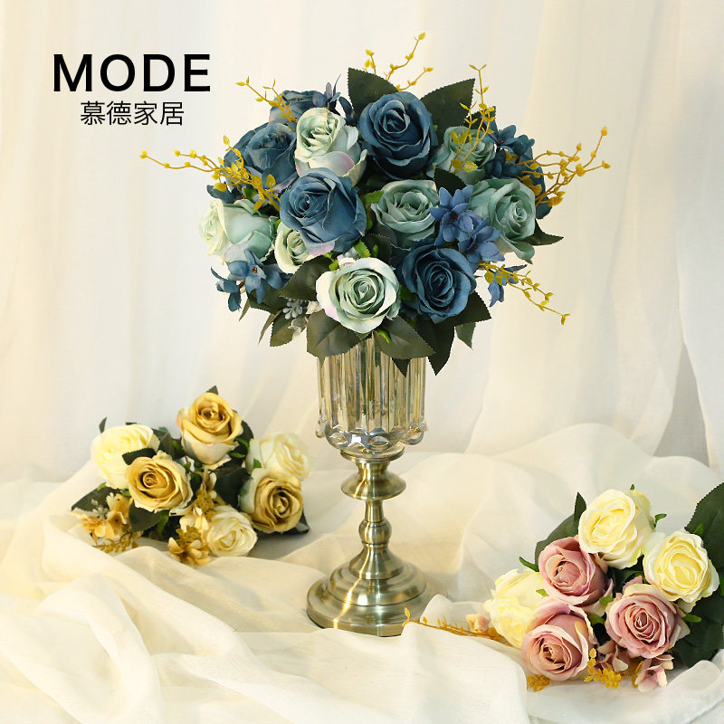 欧式复古仿真花皇家玫瑰把束玫瑰套装假花绢花装饰客厅桌面摆设