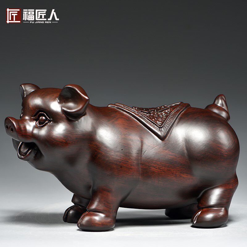 黑檀木雕对猪摆件实木十二生肖猪动物客厅家居装饰红木送礼工艺品