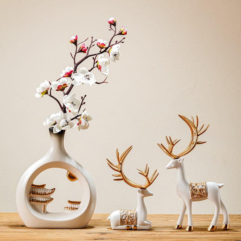 客厅玄关装饰新中式梅花轻奢陶瓷鹿摆件家居客厅书房摆件柜架