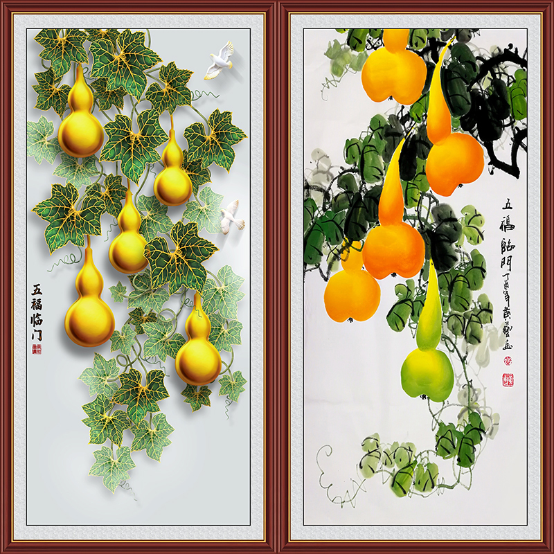 五福临门葫芦入户玄关装饰画中式客厅招财福禄图走廊自粘贴墙画