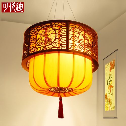现代中式古典木质布艺灯笼吊灯酒店茶楼会所装饰灯客厅圆形大吊灯