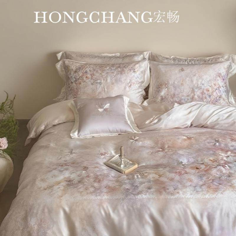 夏季100支兰精天丝印花四件套少女心莱赛尔凉感丝滑刺绣款套件