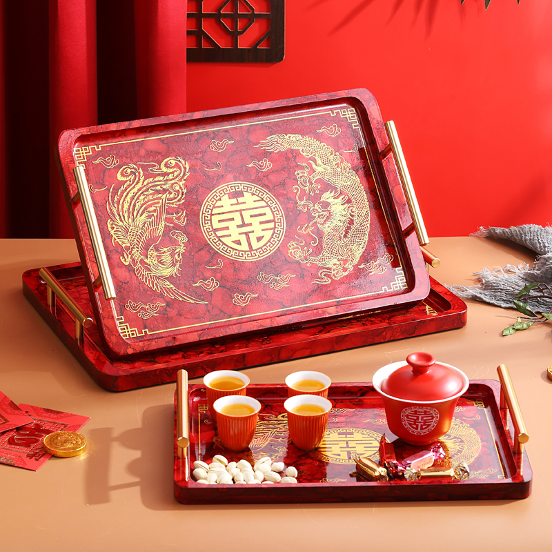 龙凤结婚茶盘长方形木质盘子圆形果盘客厅家用敬茶杯红色托盘喜庆