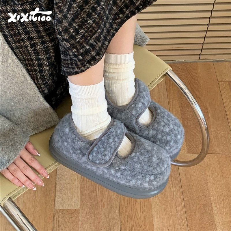 细细条 休闲防滑外穿厚底魔术贴毛毛鞋女冬百搭玛丽珍豆豆鞋棉鞋,居家布艺,居家棉拖/棉鞋,淘宝优惠券,粉丝福利购,淘宝优惠卷