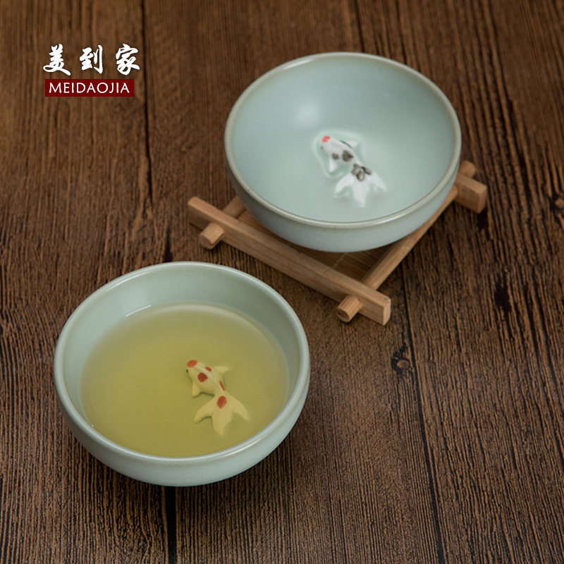 美到家手工富贵鱼杯汝窑功夫茶杯冰裂釉陶瓷品茗杯可开片茶具套装