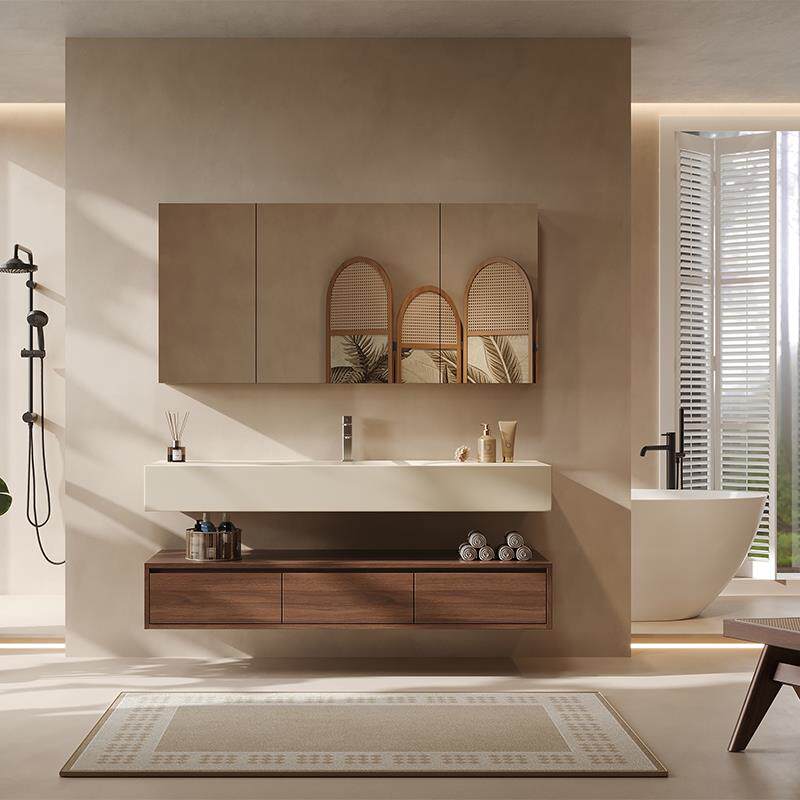 中古风洗手池陶瓷一体盆卫生间浴室柜组合岩板热弯洗漱台组合