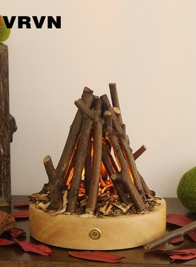 露营清吧床头装饰小摆件LED灯仿真燃烧树枝篝火白噪音触摸小夜灯L