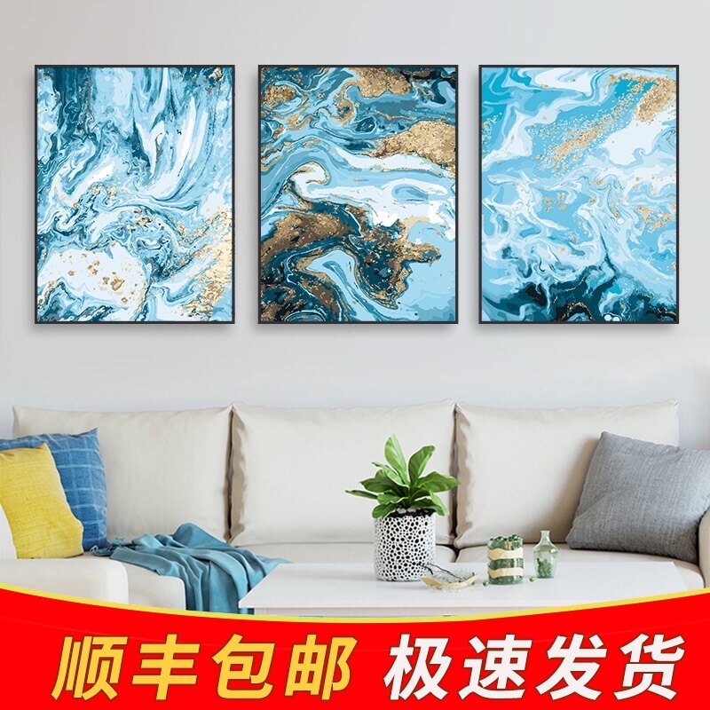 diy数字油画客厅风景三联三拼画大幅手工绘填色油彩画装饰画蓝海