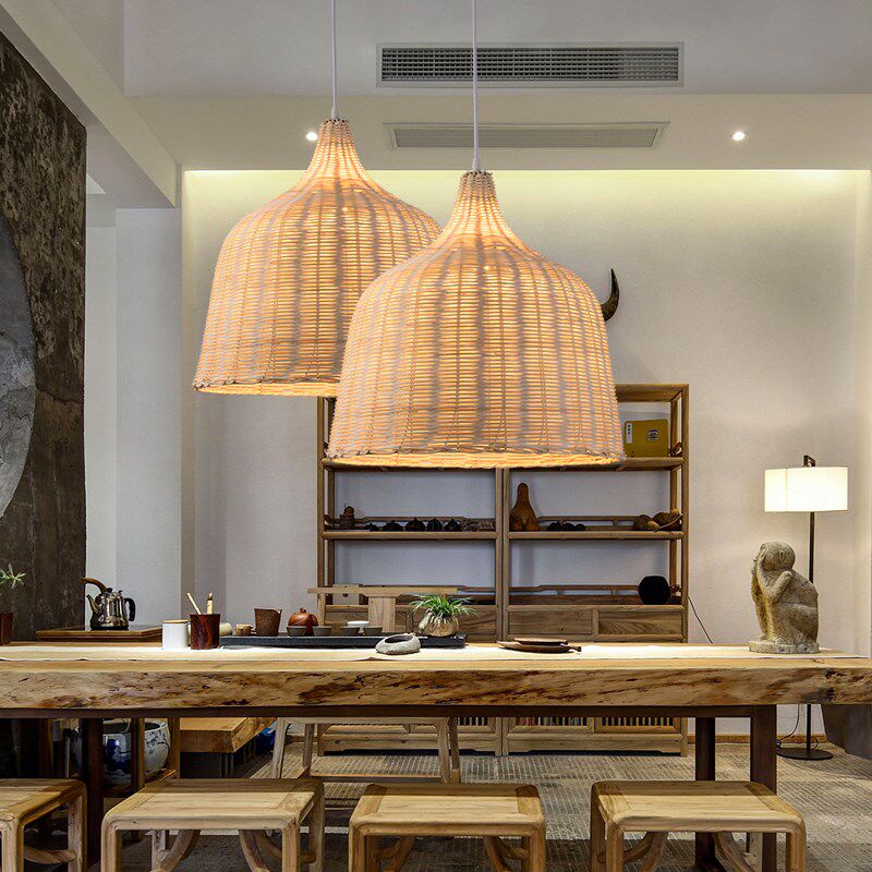 竹编藤艺东南亚竹艺餐厅茶室房间婚庆布板景民宿风格设计吧台吊灯