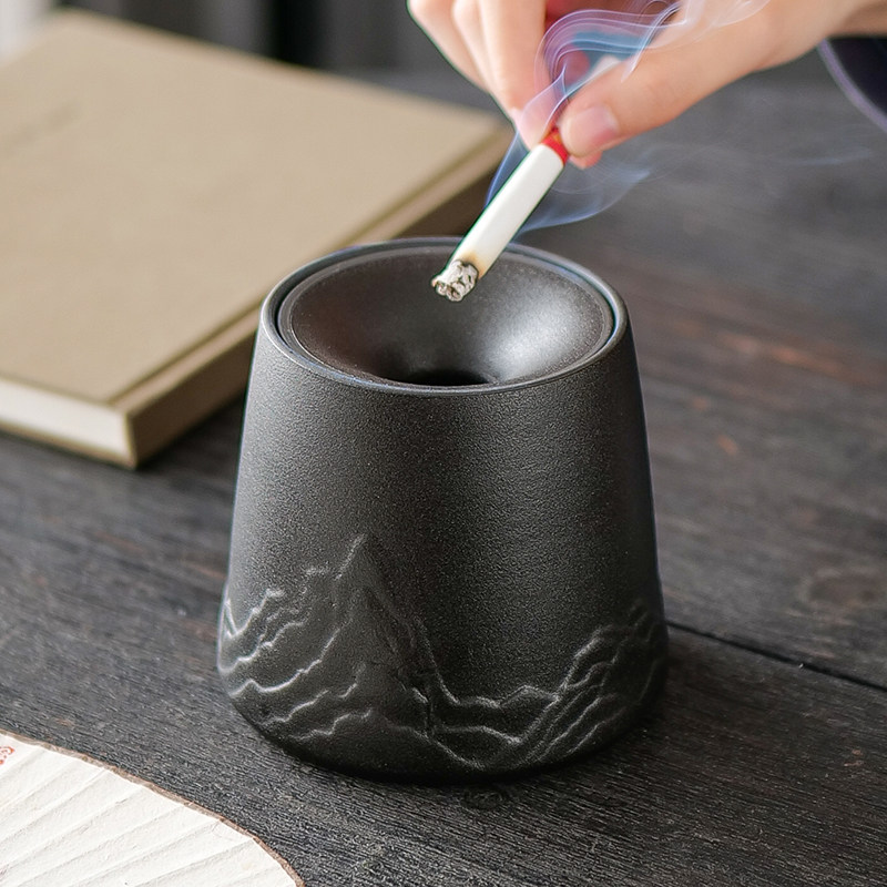 家用大号烟灰缸黑陶建水茶盂创意江山海浪陶瓷防飞灰水培花瓶摆件