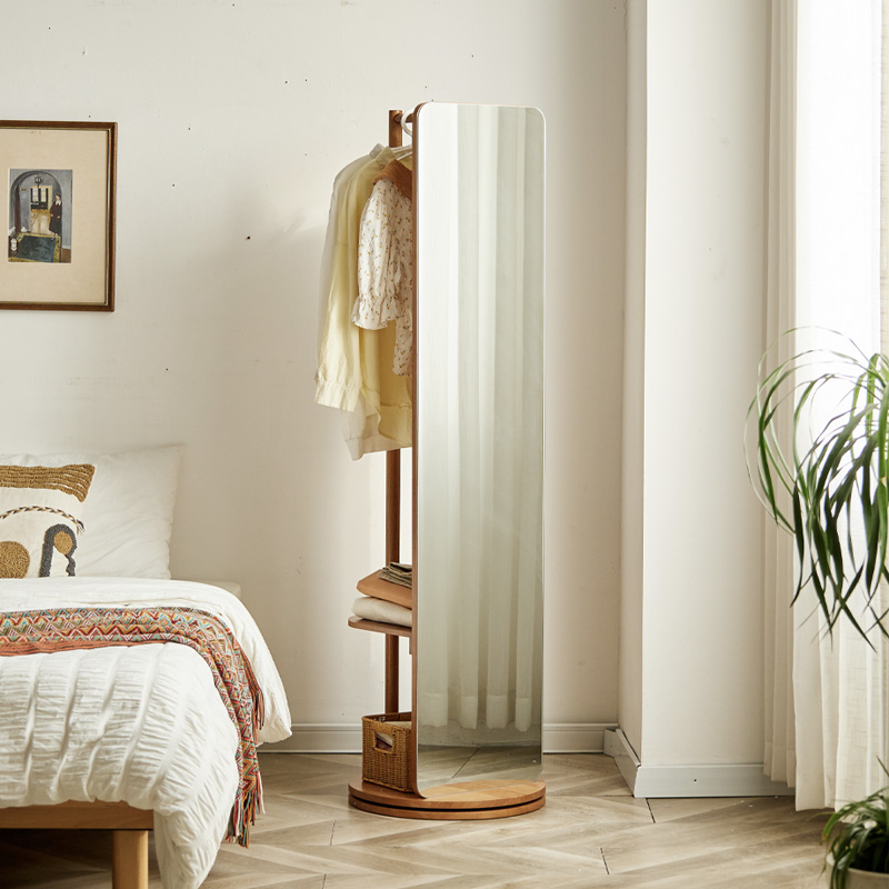 实木穿衣镜全身镜家用挂衣架一体落地镜试衣镜子可旋转移动