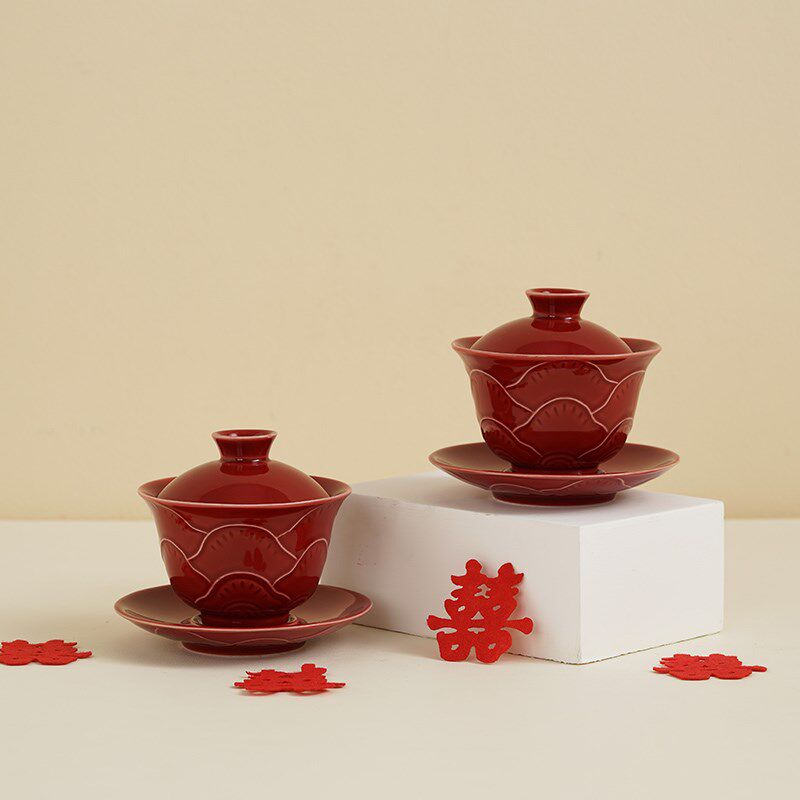 结婚敬茶杯一对女方陪嫁红色改口敬酒杯实用茶碗套装婚庆用品大全