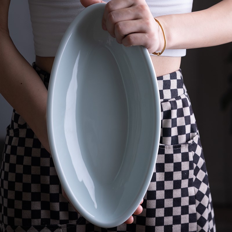 山水一间椭圆型鱼盘带鱼盘14寸12寸影青色耐高温可蒸鱼盘仿宋餐具