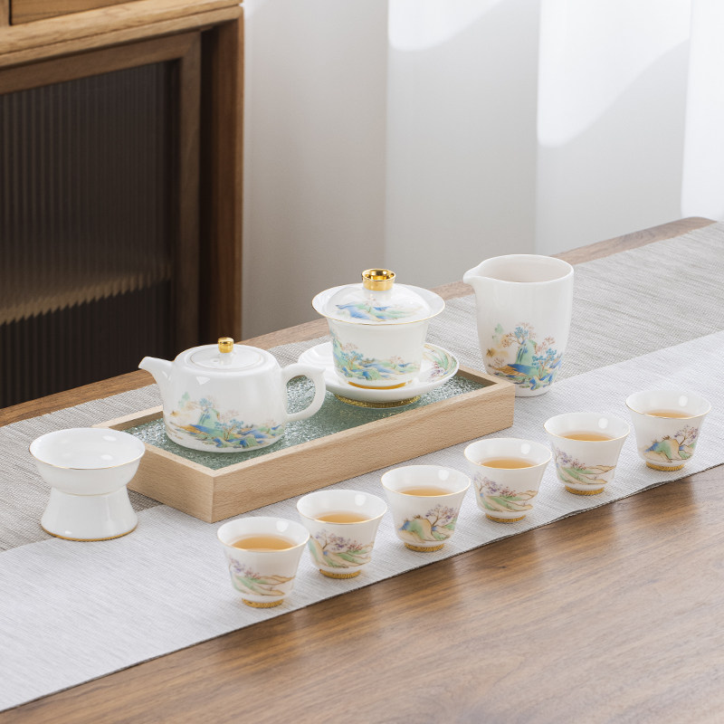 高端中式羊脂玉白瓷茶具套装家用羊脂玉盖碗客厅整套茶杯陶瓷泡茶