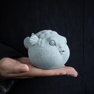 国风青砂石可爱河豚摆件动物创意客厅办公室桌面鱼缸景观装饰摆设