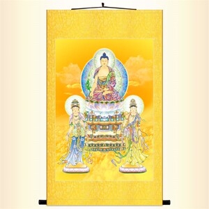 药师佛琉璃光如来画像挂画 东方三圣月光日光菩萨 佛堂水陆画卷轴