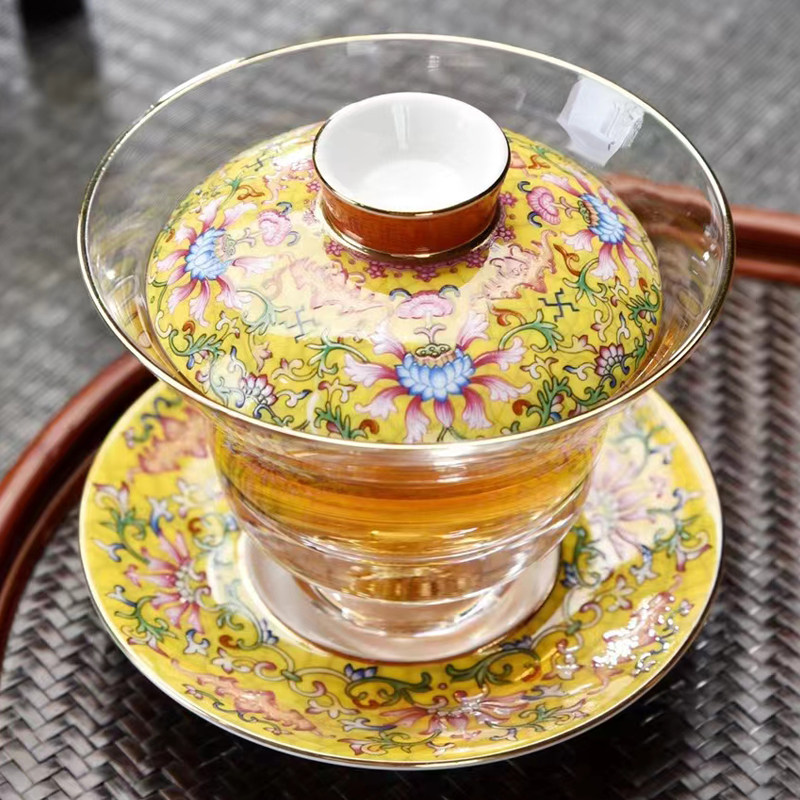 玻璃盖碗茶杯耐热防烫三才盖碗单个泡茶碗珐琅彩功夫茶具茶碗带盖