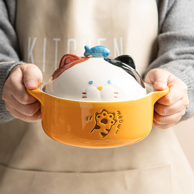 卡通猫陶瓷双耳泡面碗带盖宿舍用学生可微波炉饭碗食堂打饭专用碗
