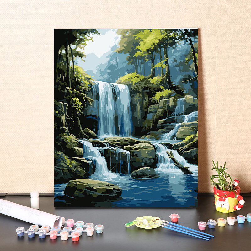 数字油画diy手工填色治愈大气瀑布风景画手绘消磨时间涂色油彩画