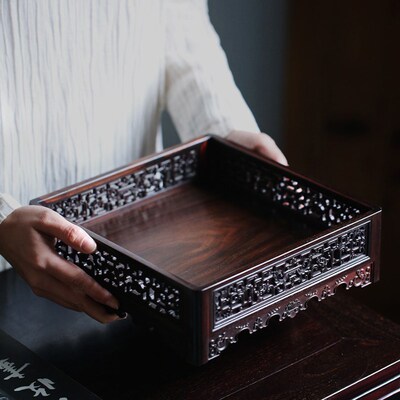 老挝大红酸枝镂空雕拐子龙纹托盘实木质文盘都承盘创意中式茶托盘