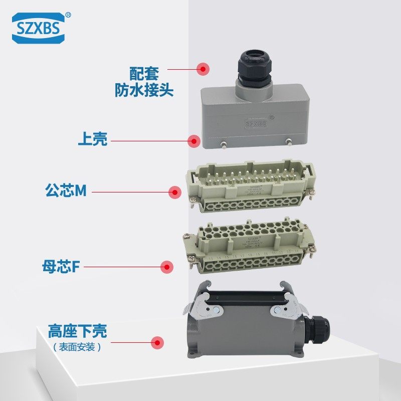 重载连接器24芯对接高座矩形航空插头24芯双侧表面安装HE-024-M/F
