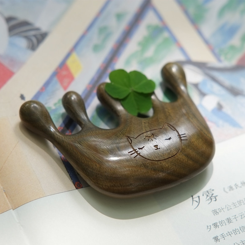 天然绿檀木按摩梳经络梳子头部 宽齿 五齿梳 点穴 手脸身 猫爪梳