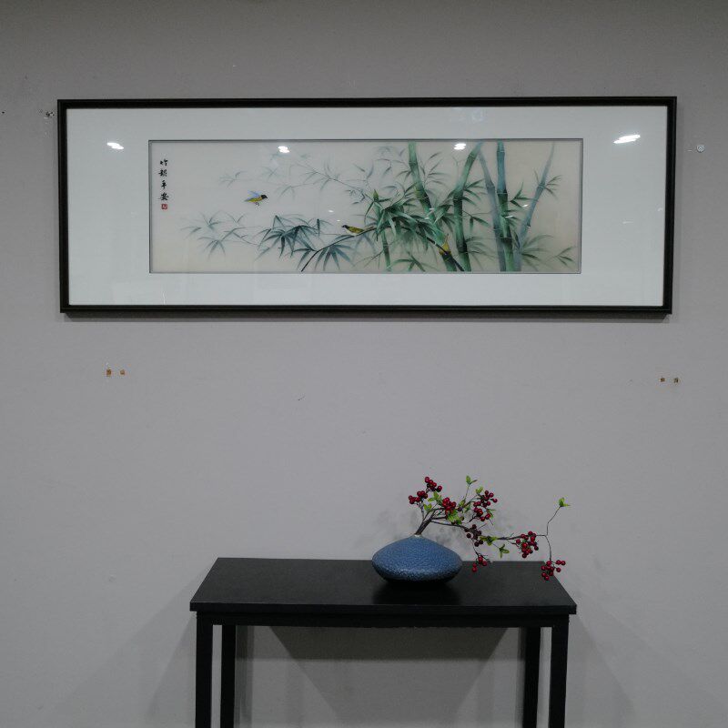 横版竹报平安竹子画纯手工苏绣刺绣带框沙发背景电视墙客厅装饰画