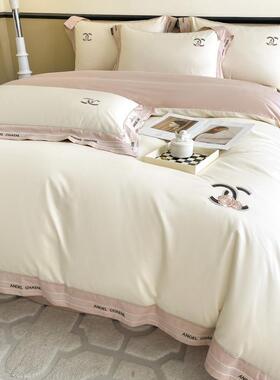 轻奢180支长绒棉床上四件套简约双拼全棉纯棉床单被套刺绣床笠款4