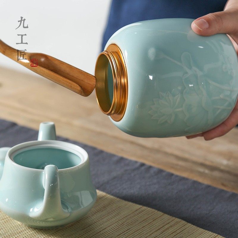 九工匠 青瓷大码茶叶罐 家用功夫茶具陶瓷大号茶仓密封罐普洱茶罐