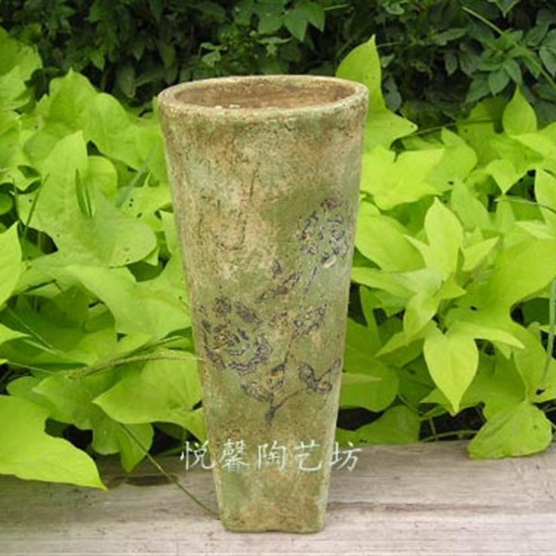 花瓶 花插 粗陶做旧透气陶艺陶盆 绿色复古花器 田园风格台面花盆
