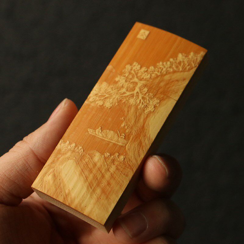 东阳精工纯手工留青雕刻山水老玉竹制牙签盒便携式车载牙签筒竹雕